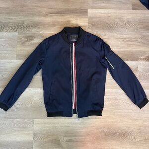Navy Bomber Jacket with Red and White Stripes